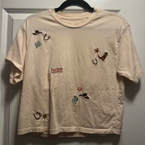Cream Graphic Tee with Embroidered Patches